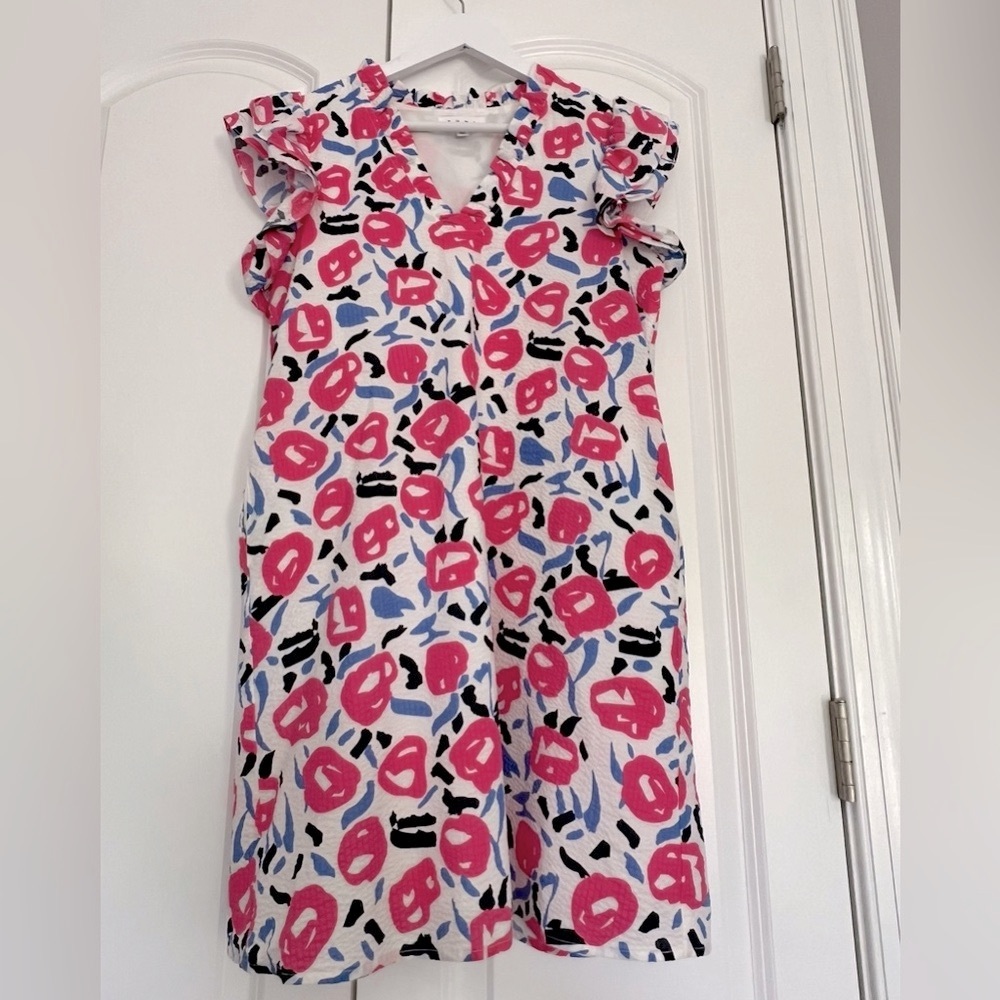 THML 100% Cotton Pink Blue & White Flutter Sleeve Floral Sundress Colorful Sz XS